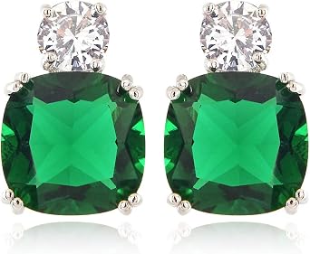 [RIZILIA CLASSIC] Stud Pierced Earrings with Cushion Cut Gemstones CZ [Multi-colour available] in 18K White Gold Plated, Simple Modern Elegant