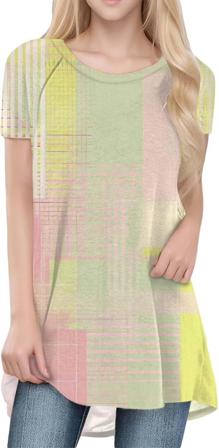 Tunic Tops for Women Casual Crewneck Floral Print Swing T Shirts Trendy Short Sleev...