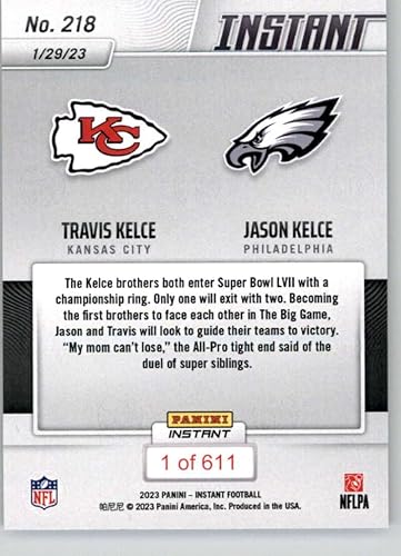 Vista 2 de 2022 Panini Instant #218 Travis Kelce/Jason Kelce (Jersey Swap Photo) Kansas City Chiefs/Philadelphia Eagles /611 Official NFL Football Card