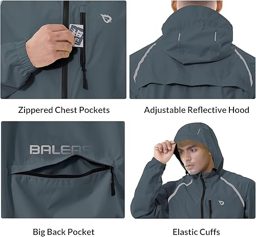 Miniatura 4 de Baleaf - Chaqueta impermeable para hombre, rompevientos, chaqueta de lluvia con capucha, ligera, reflectante, plegable, para correr, ciclismo,