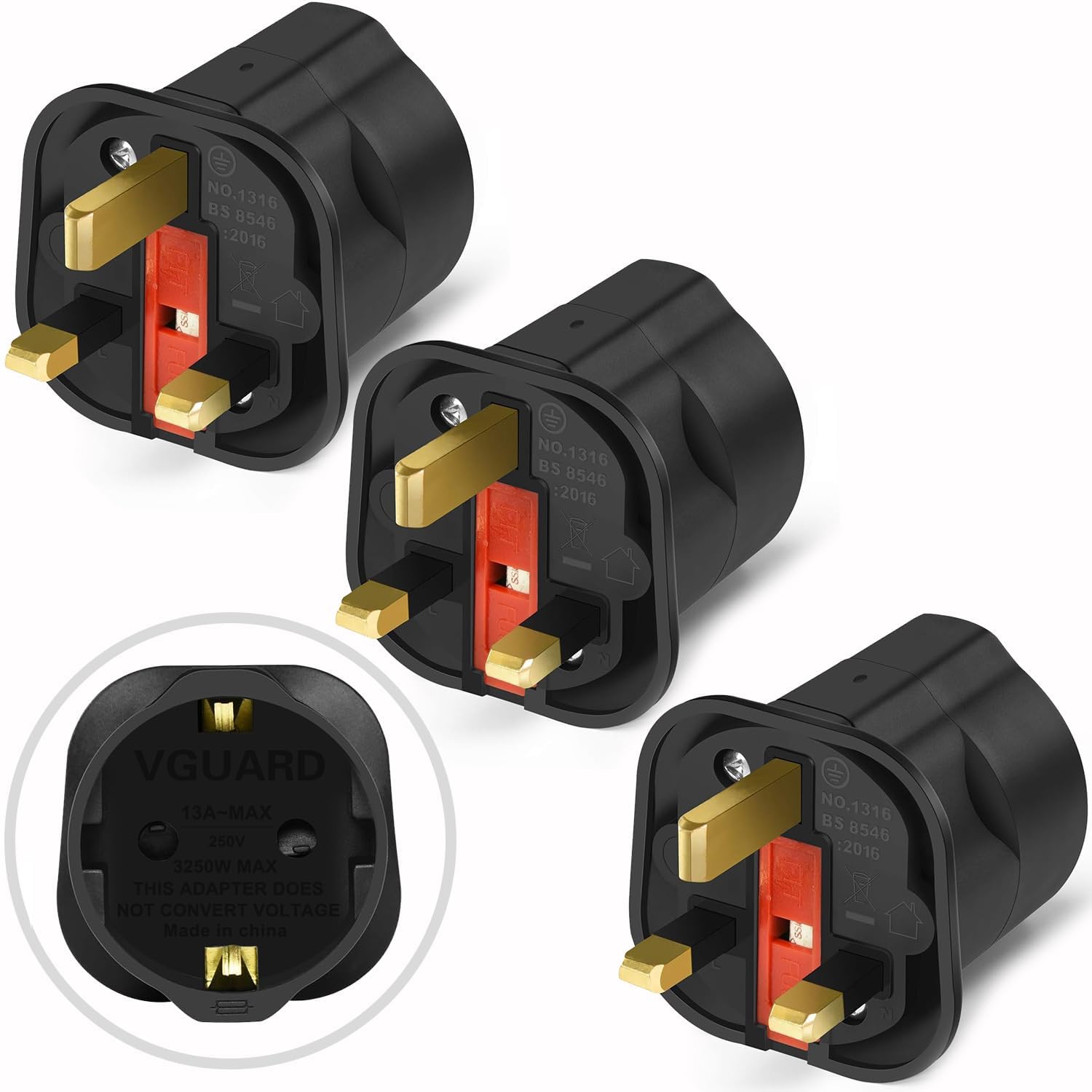 VGUARD UK Adapter Reiseadapter, 3 Pack England Deutschland Stecker, Stromadapter Reisestecker Schuko EU zu UK Steckdose- Schwarz
