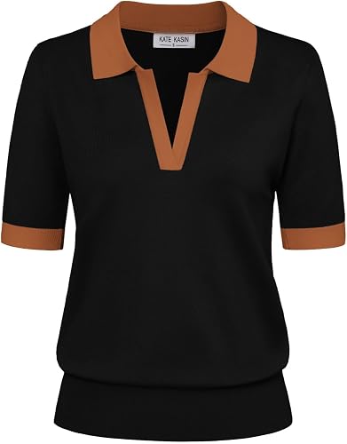 Kate Kasin Women Short Sleeve Polo Sweater V Neck Knitted Tops Casual Ribbed Shirt Loose Pullover Sweater