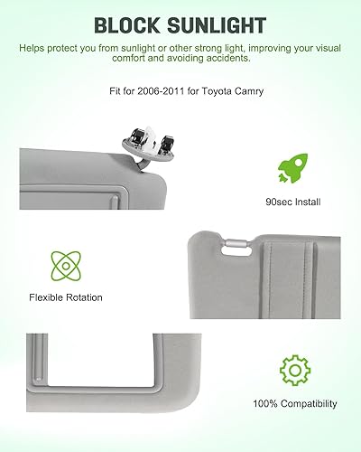 Miniatura 2 de SCITOO Conjunto de visera solar gris para el lado del pasajero derecho para Toyota Camry Sedan con luz de tocador para Toyota Camry Sedan 2006 2007
