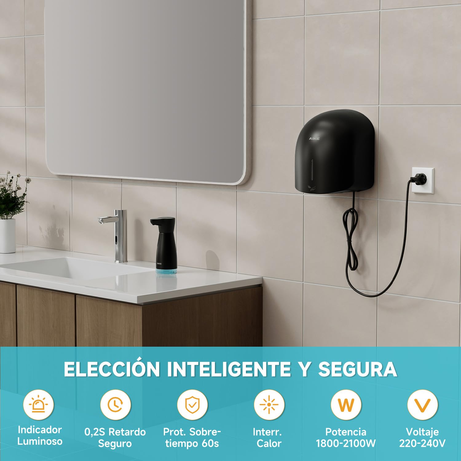 AIKE GentleAir Secamanos Secador de Manos Silencioso, para Hogar & Baños, AC220V-240V, Negro Medianoche