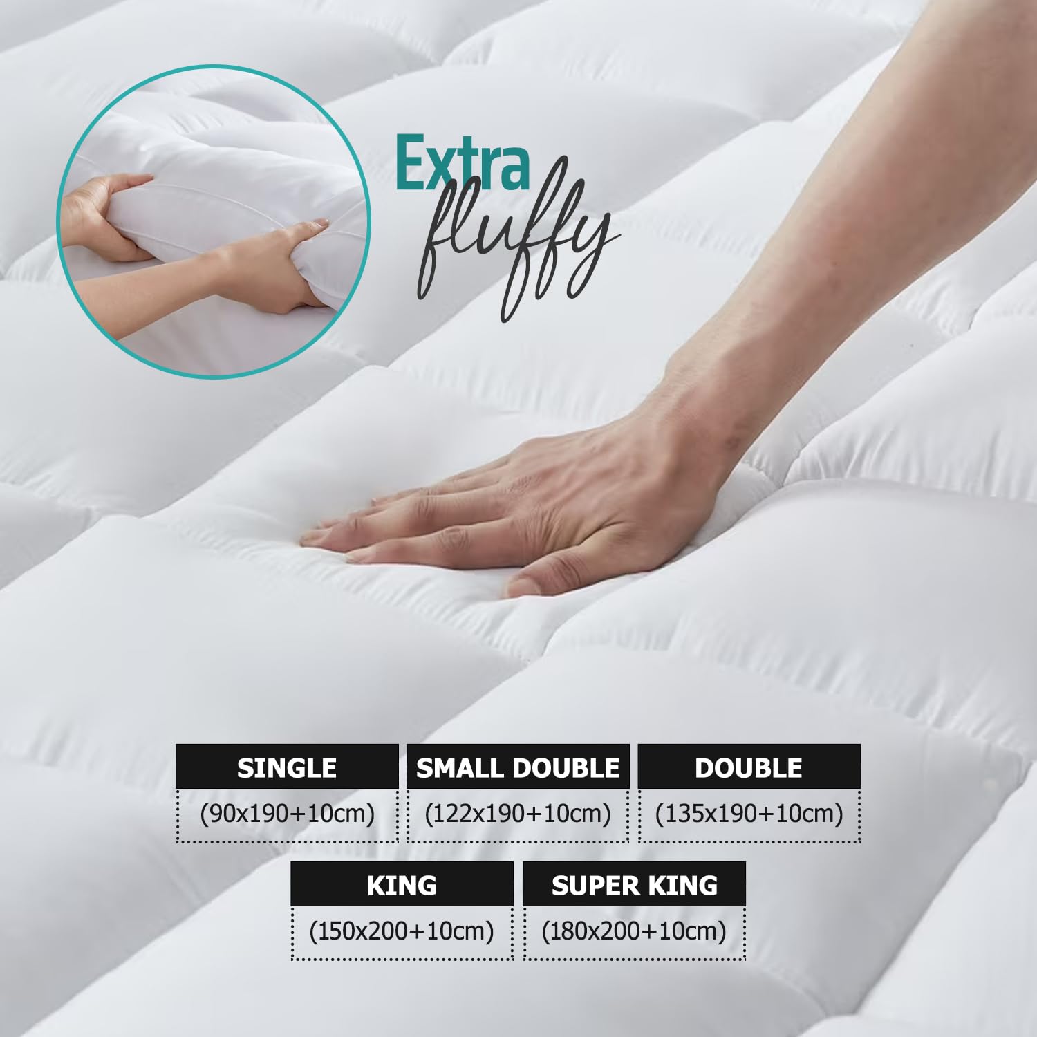 MistyMorning Surmatelas pour petit lit double 10 cm - Qualité hôtelière, ultra-doux, hypoallergénique, remplissage abondant en microfibre, sangles élastiques - Protection anti-acariens (Petit double