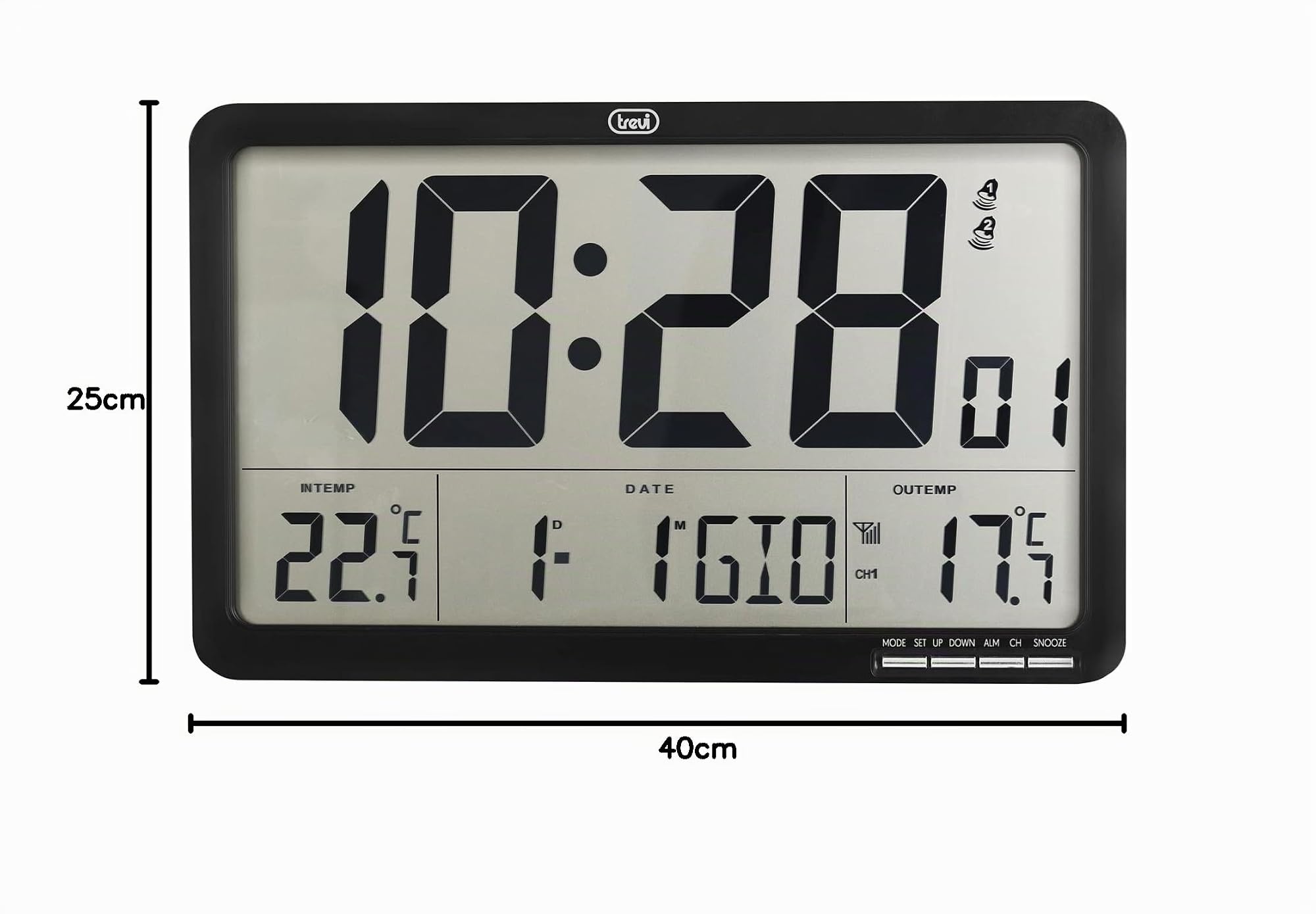 Trevi OM 3560 RC Orologio Digitale da Parete Radiocontrollato con Sensore Esterno, Sveglia Programmabile, Calendario, Termometro