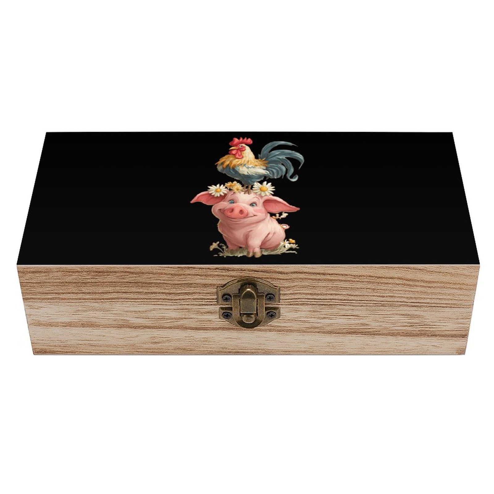 HLBSDM Funny Pigs And Chicken Wooden Box with Hinged Lid Decorative Storage Case Container