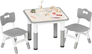 Pterying Kids Table & Chairs Set - 23.6" Height Adjustable Toddler Desk, Non-Slip Graffiti Top for Ages 2-8, Grey Playroom Furniture