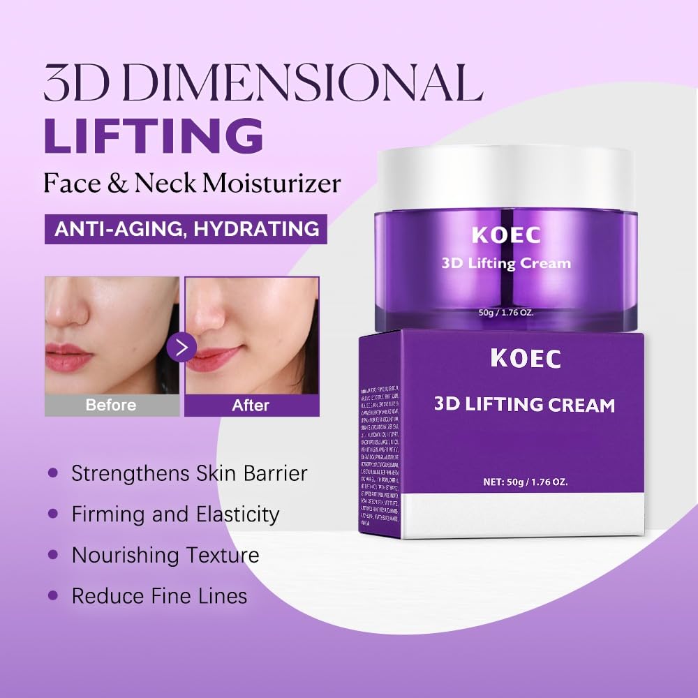 KOEC 3D Lifting Cream,Anti-Aging Night Cream for Tightening and Firming,Neck & Face Wrinkle Cream for Women with Peptide Complex & Probiotics Natural & Organic 1.76 Oz - Image 2