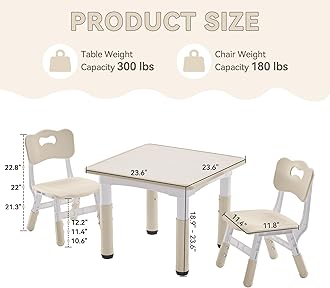 Kids Study Table and Chairs Set, Height Adjustable Toddler Table and Chair Set for Kids Ages 3-8, 23.6" L x 23.6" W Graffiti Desktop Plastic Children Art Table with 2 Seats, Burlywood