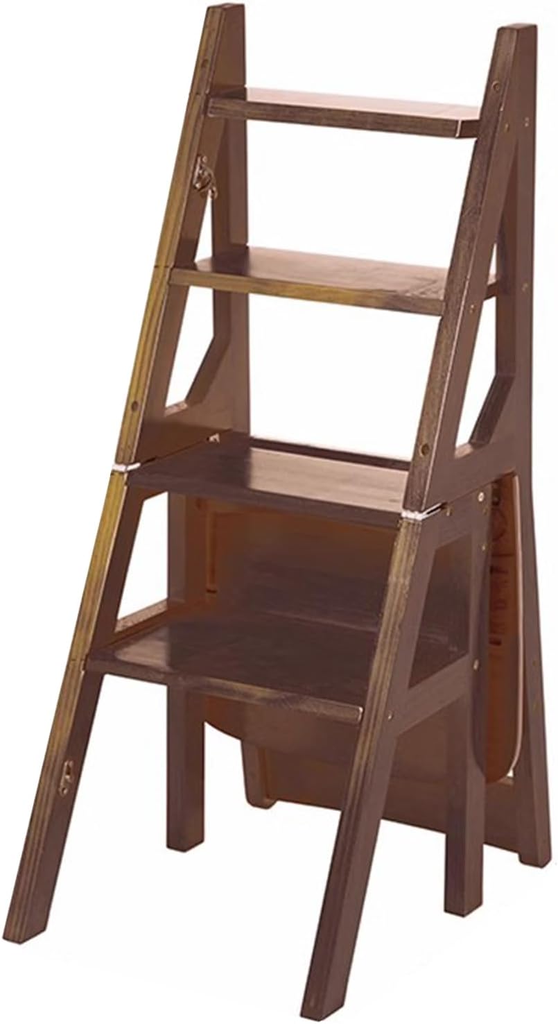 4-Tier Solid Wood Folding Ladder Chair - Protable 4-Step Library Ladder,Foot Stools Ladder Flower Shelf Portable Wooden Stepladder for Office/Home/Kitchen/Library,Brown-37 * 47 * 9