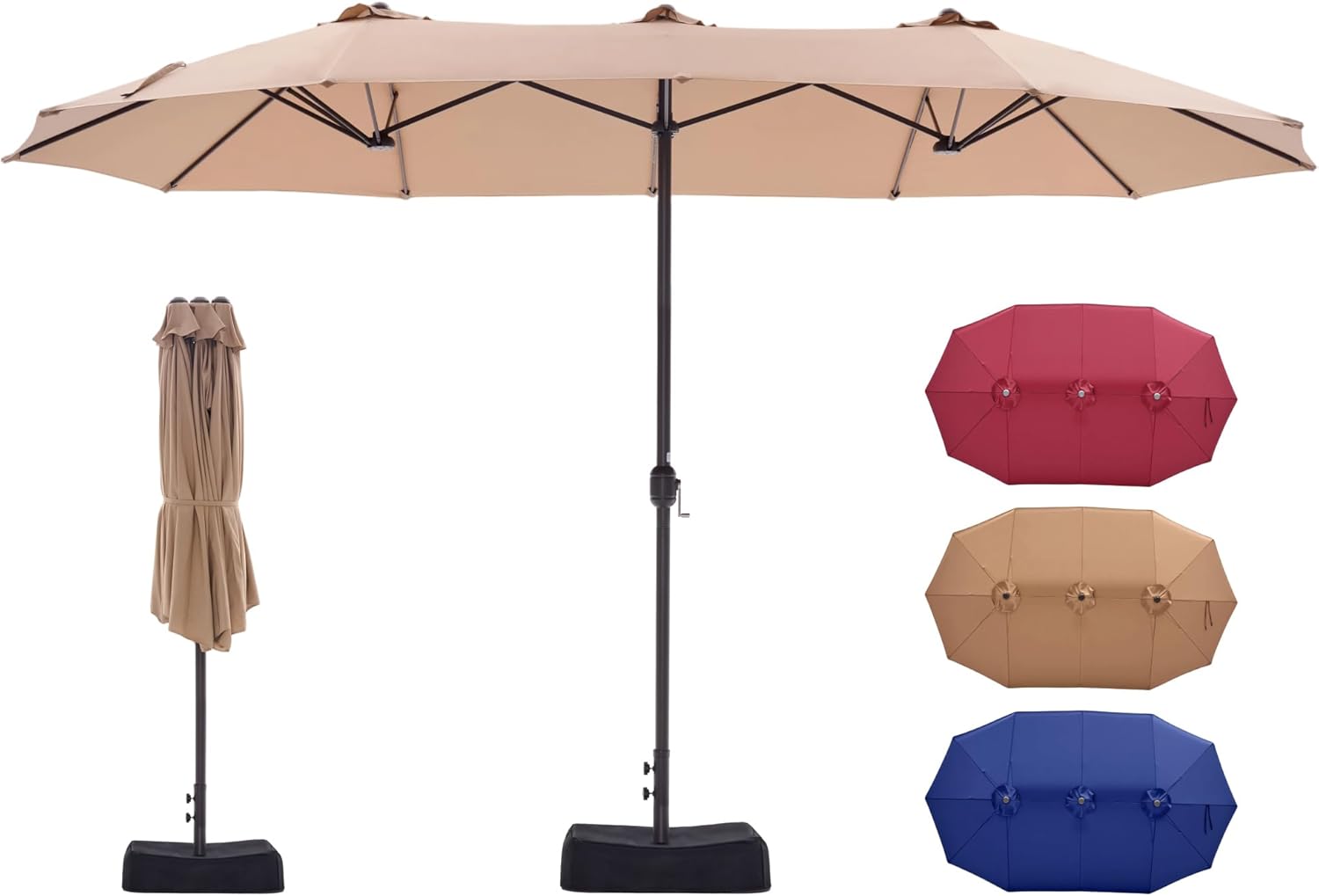 NEWBULIG 15ft Double-Sided Patio Umbrella, Extra Large Outdoor Market Umbrella with Cross Base, 12 Sturdy Ribs Triple Head Twin Canopy Umbrella with Crank for Garden, Backyard, Poolside