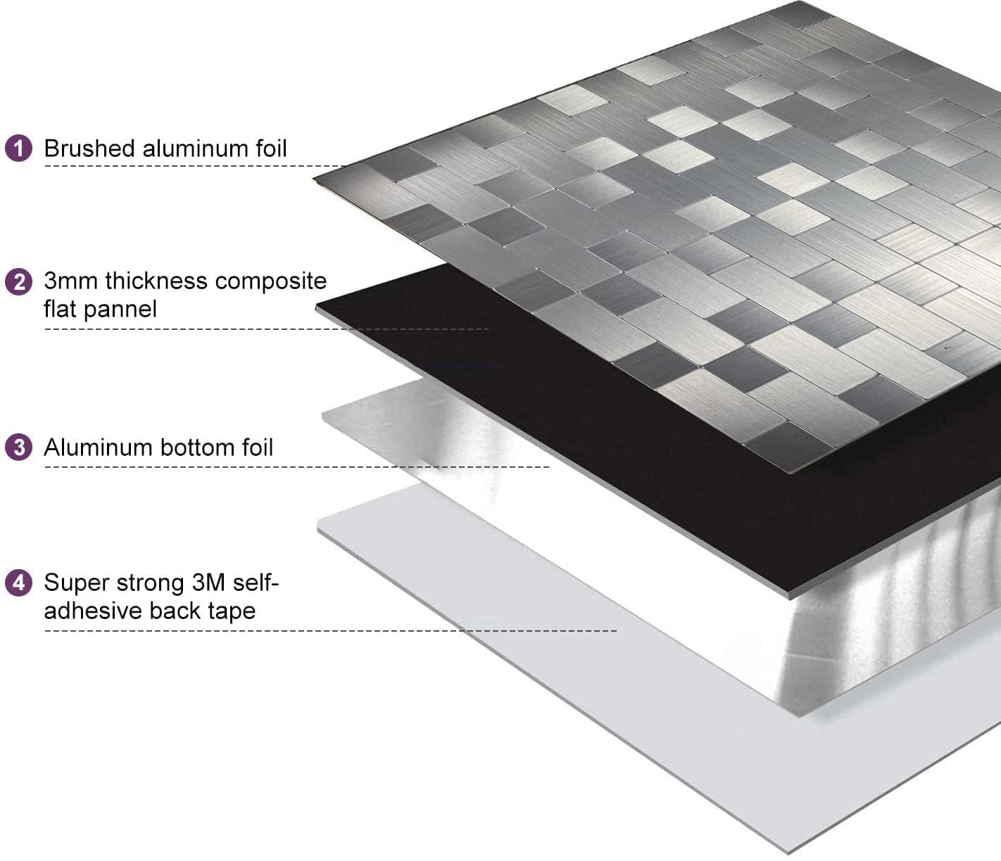 XUANINY 10-Piece Self Adhesive Stainless Steel Aluminum Mosaic Peel and Stick Backsplash Tiles for Kitchen Wall Bathroom