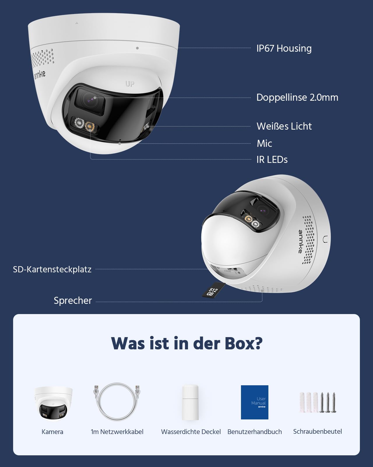 ANNKE 4K 8MP Dual-Objektiv PoE Überwachungskamera außen mit 180° Panoramaansicht, 2-Wege Audio, KI Personen-/Fahrzeugerkennung, 24/7 Aufzeichnung, Farb-Nachtsicht, IP67 Wasserdicht