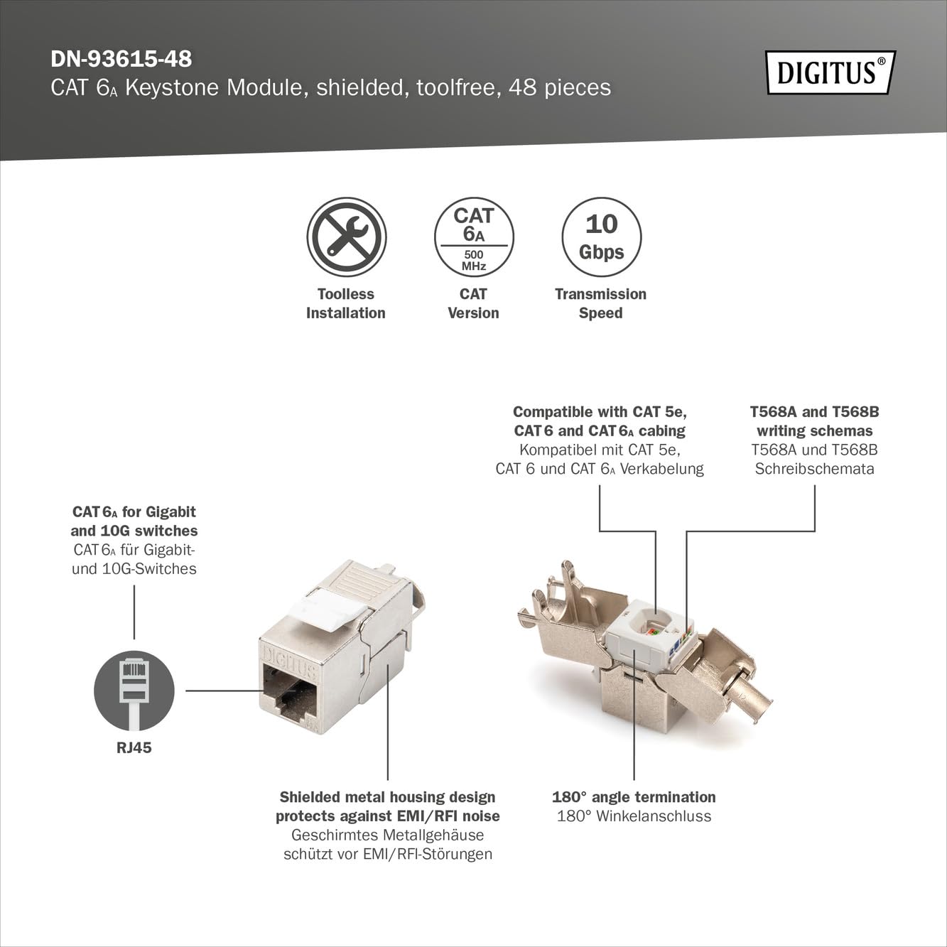 DIGITUS Keystone Module Cat-6A Blindé - 48 pièces - RJ45 femelle - 500 MHz 10GBase-T - AWG 26-22 - Montage sans outils