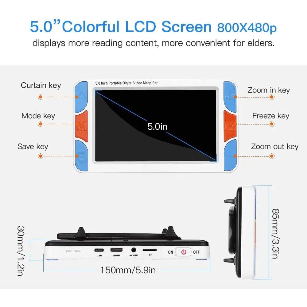 Lupa digital de mano con pantalla de 5 pulgadas, aumento 3X-48X e indicación de voz, 26 modos de color para personas con discapacidad visual
