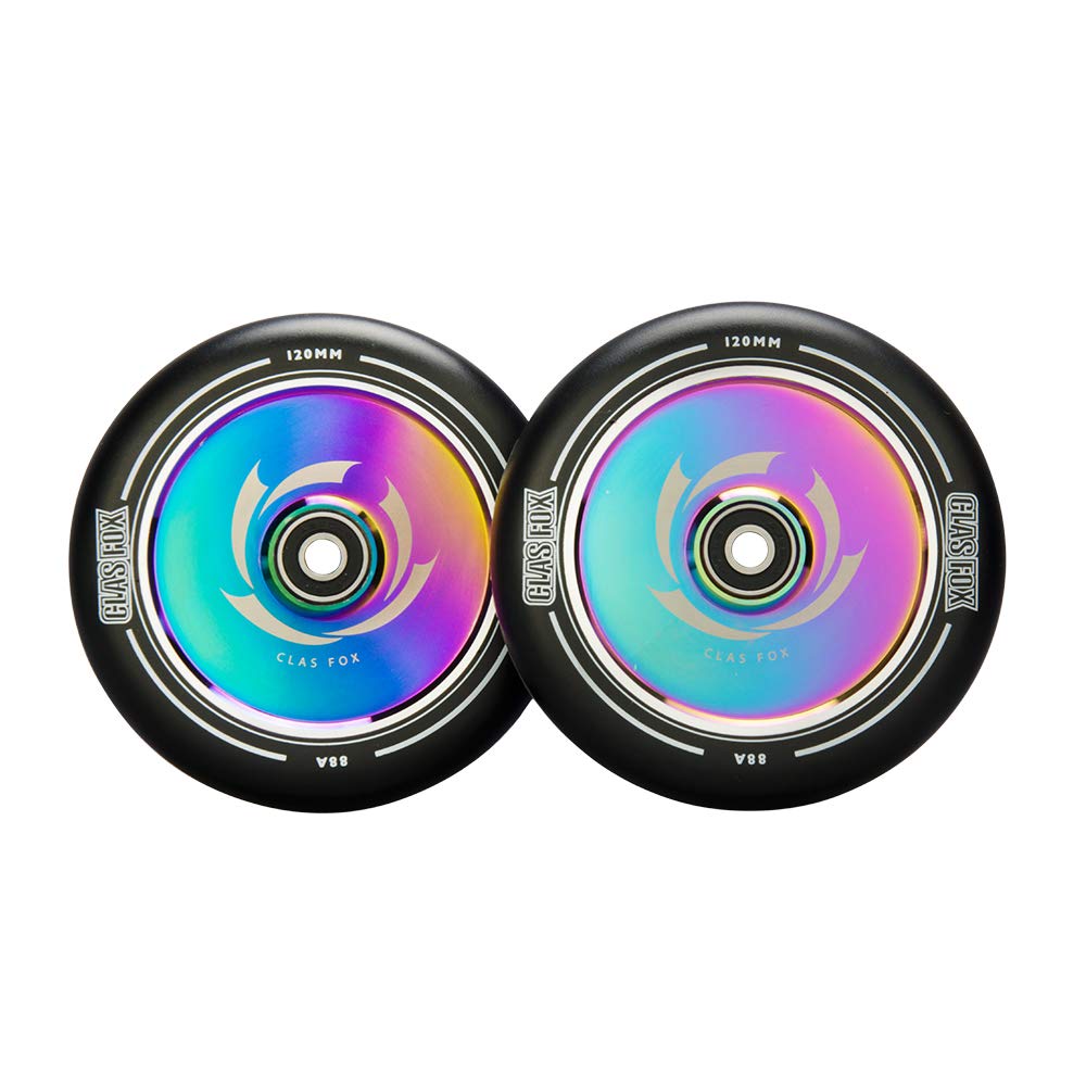 CLAS FOX 1 Pair Pro Stunt Scooter Wheel Hollow Wheels with Abec 9 Bearings for MGP/Razor/Lucky/Envy/Vokul Scooter (2pcs) (Black-Rainbow, 120MM)