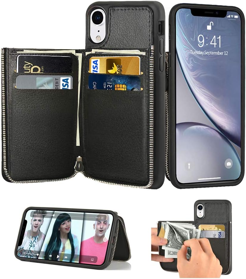 LAMEEKU Wallet Case for Apple iPhone XR, 6.1-Inch, Zipper Leather Purse Case with Credit Card Holder Slot Money Pocket, Shockproof Bumper Cover Compatible with iPhone XR 6.1" (2018) Black