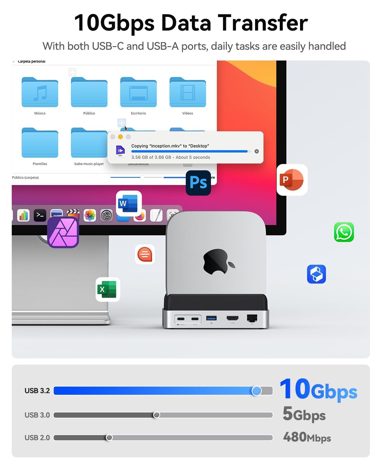 ORICO MiniDock Station d’Accueil pour Mac Mini M4/M4 Pro 2024, Support Vertical avec hub HDMI et boîtier SSD M.2 NVMe, 4K@60Hz HDMI, 10G USB A/C, 2×5G USB A, Charge USB-C, SD/TF, RJ45