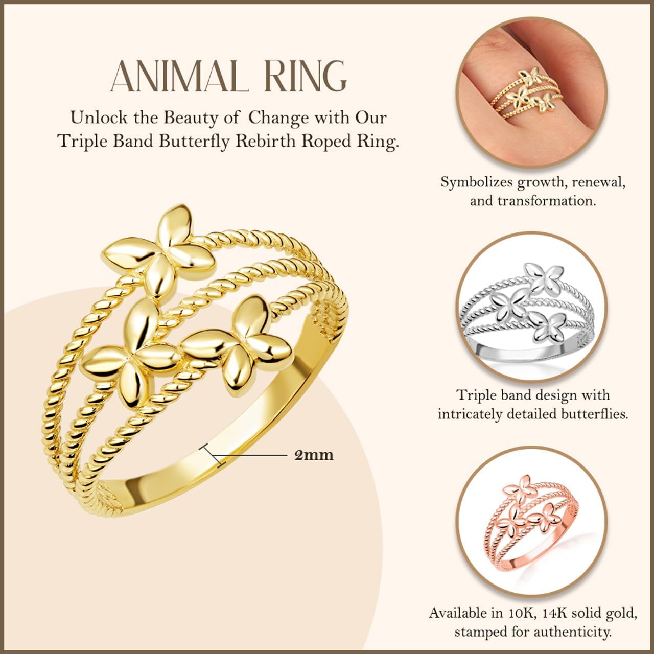 Claddagh Gold 10K &14K Triple Band Butterfly Rebirth Roped Ring Available In Yellow/Rose/White Gold Gold with Multiple Ring Size