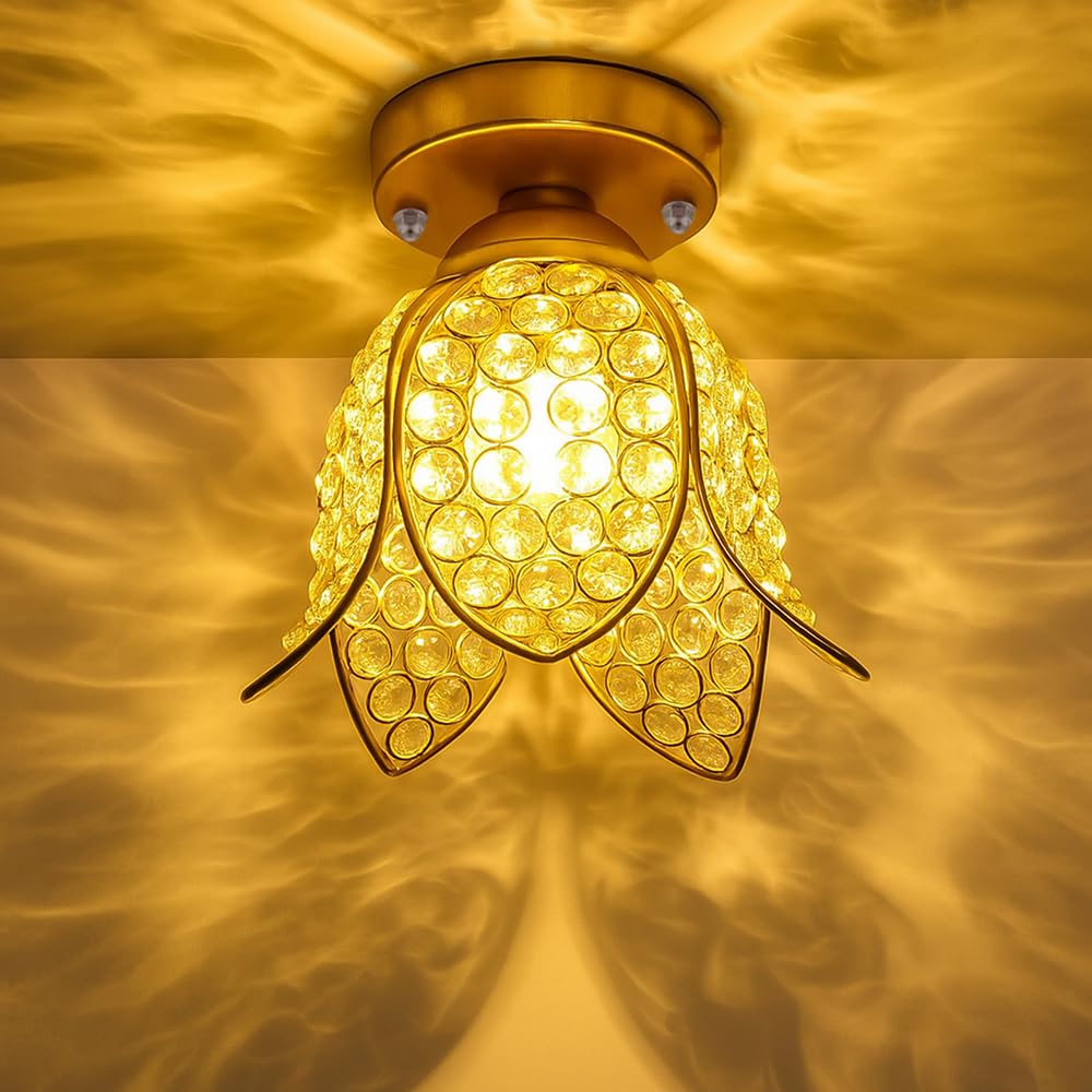 Homesake Gold Metal Lotus Crystal Flush Mount Ceiling Light, for Hallway Light Fixture Ceiling (Gold)