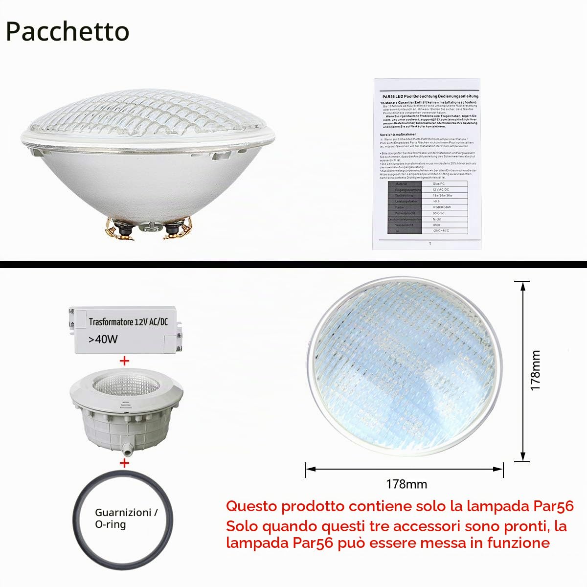 36W Par56 Llluminazione Per Piscina a LED, Faretti PAR56 da Llluminazione a LED Subacquea, Faretto Per Piscina Impermeabile IP68 Luci Per Piscina a LED 12V Luce Per Piscina Bianco Freddo 6000K