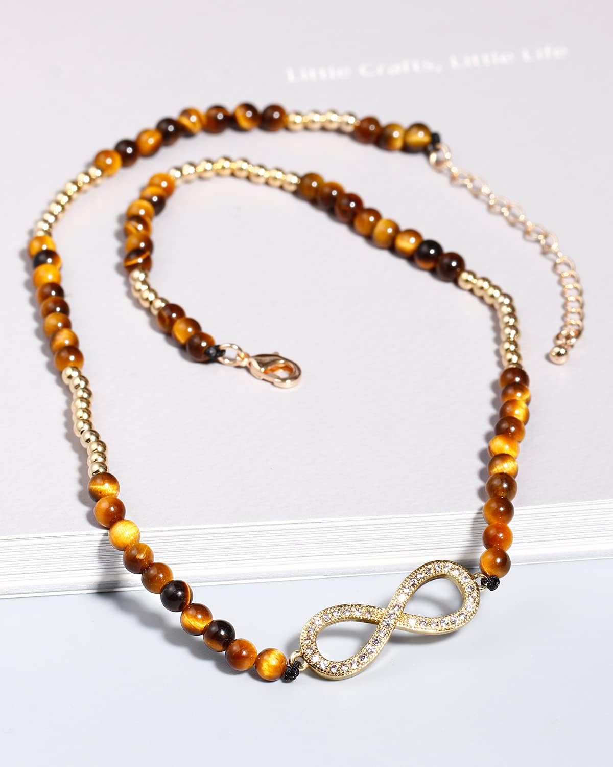 Jewever Tiger Eye Infinite Plated 14k Gold beaded Chokers Necklaces for Women Crystal Necklace Jewellery Gifts Adjustable(15-17")