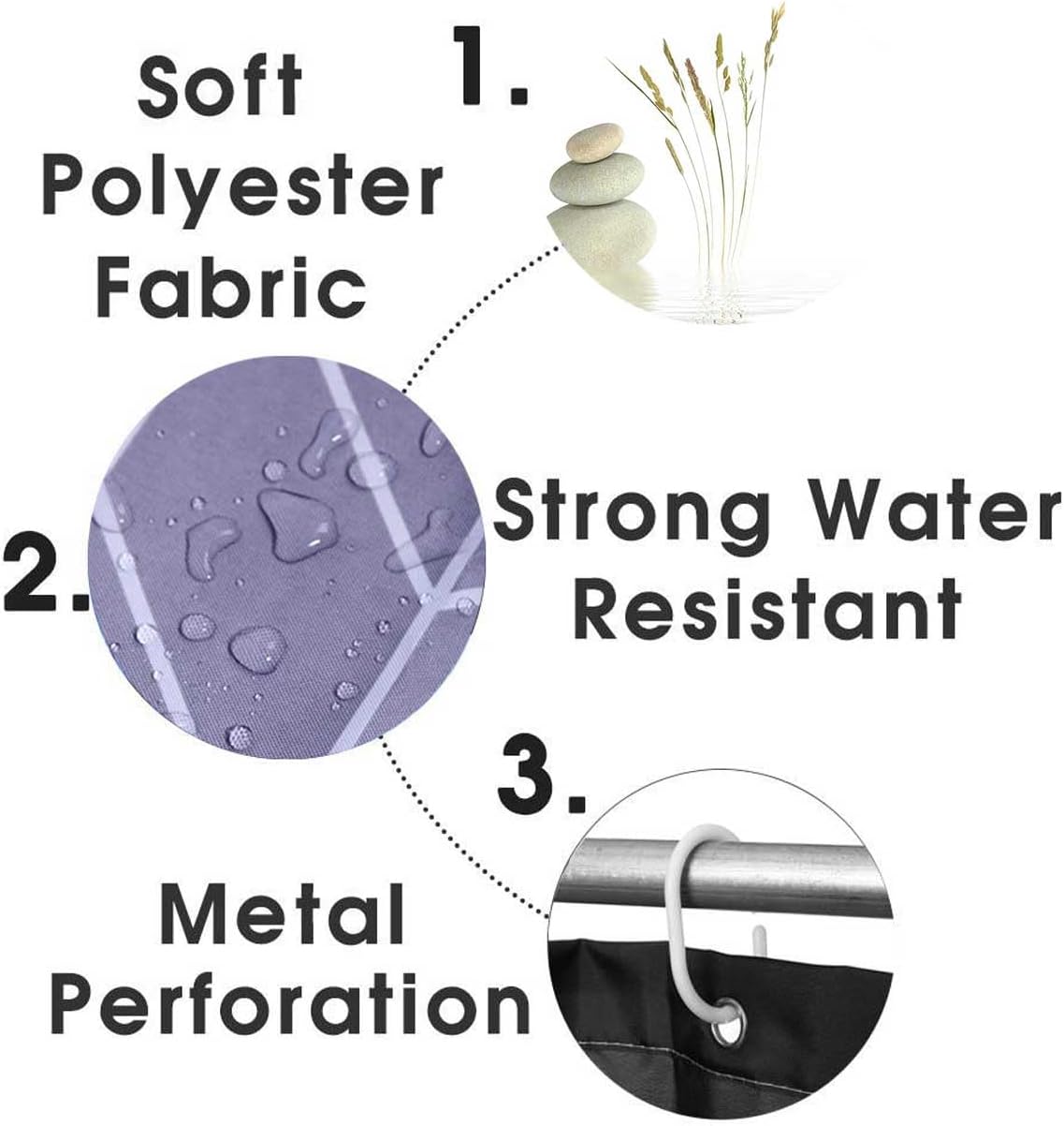 4PCS Spa Shower Curtain Sets with Rugs, Waterproof White Fabric Shower Curtain, Lotus Flower Water Lily Massage Stones Asian Japanese Garden Relaxing Spiritual Meditation Zen Bathroom Decor
