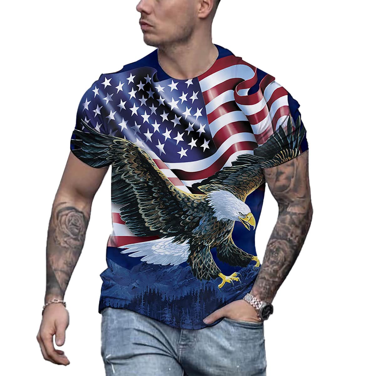 Men's Short Sleeve Patriotic American Design with Eagle and Flag Premium T-Shirt