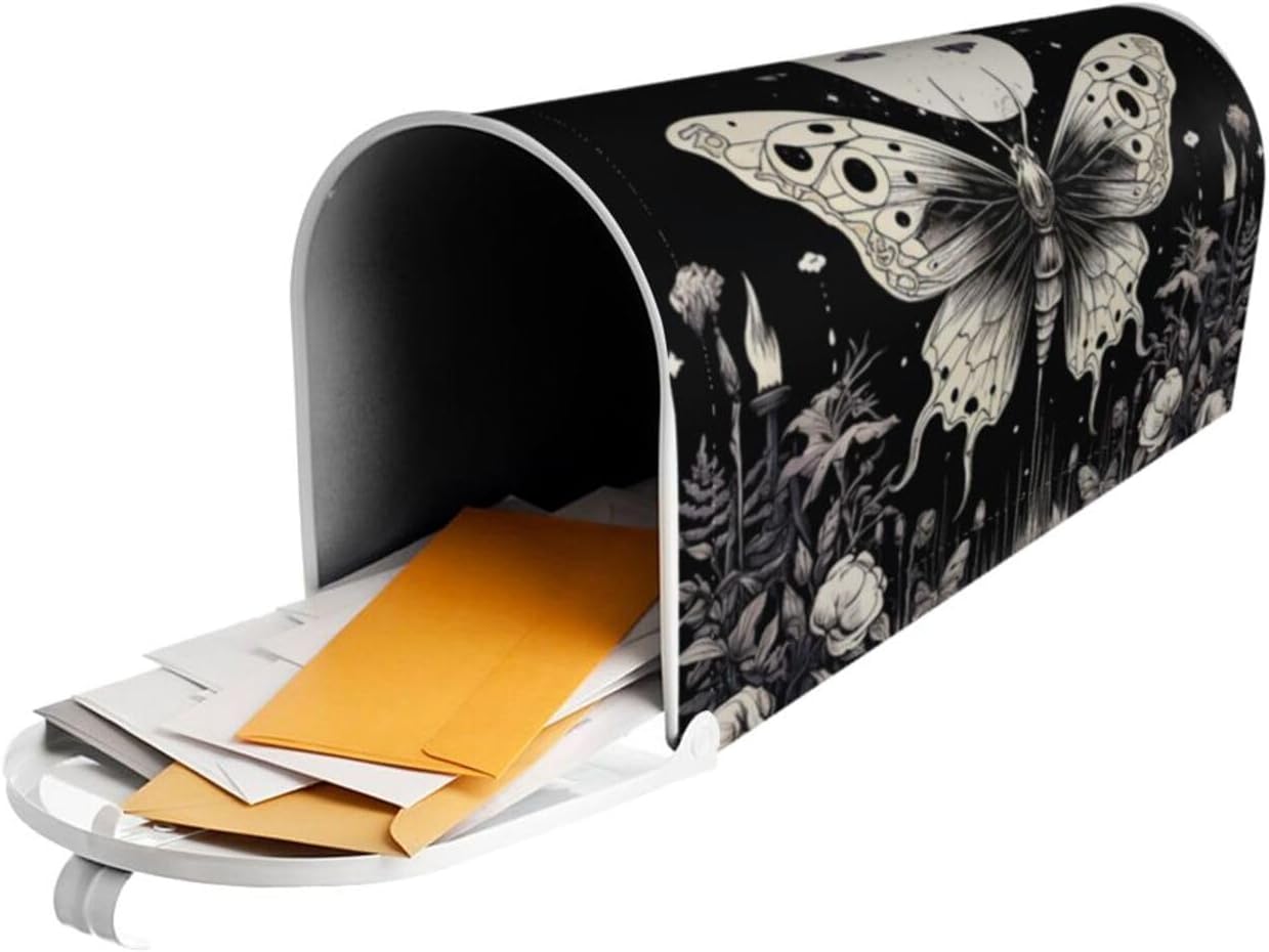 Skull Butterfly Gothic Magnetic Mailbox Covers Halloween Mailbox Cover Standard Size Waterproof Post Letter Box Cover Mail Wraps for Garden Yard Outdoor Decor