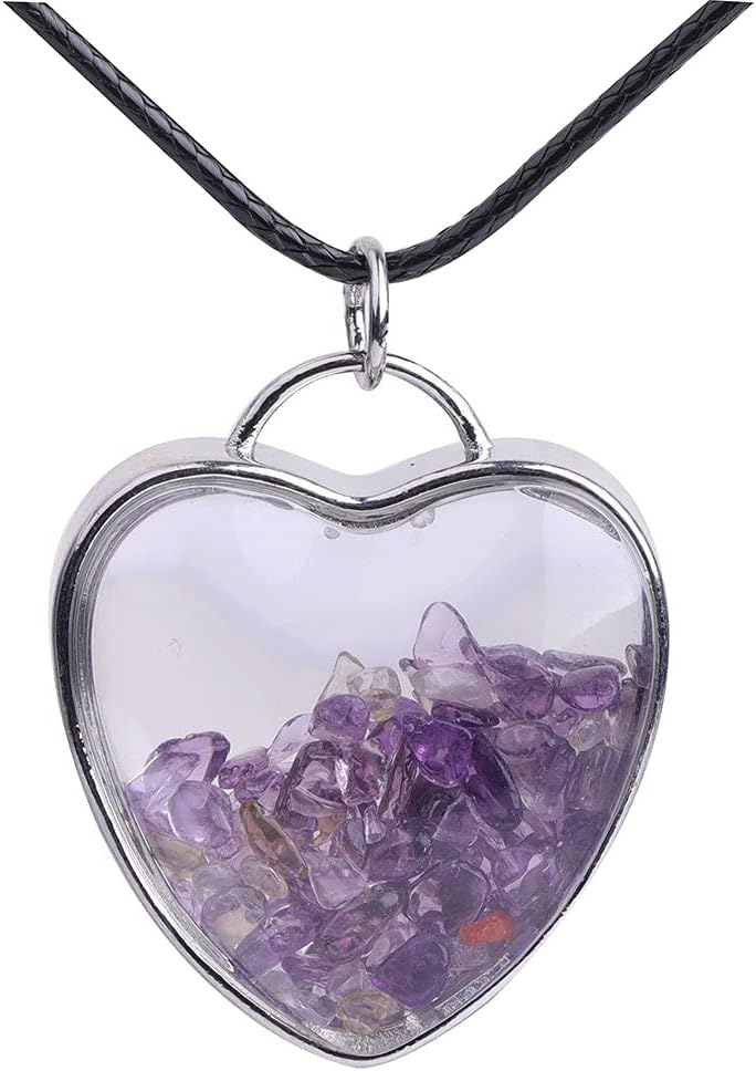 Gem-Inside 1 1/2" Chakras Stone Lovely Heart Locket Wishing Bottle Necklace Jewelry for Children Kids 16" Adjustable Leather Chain