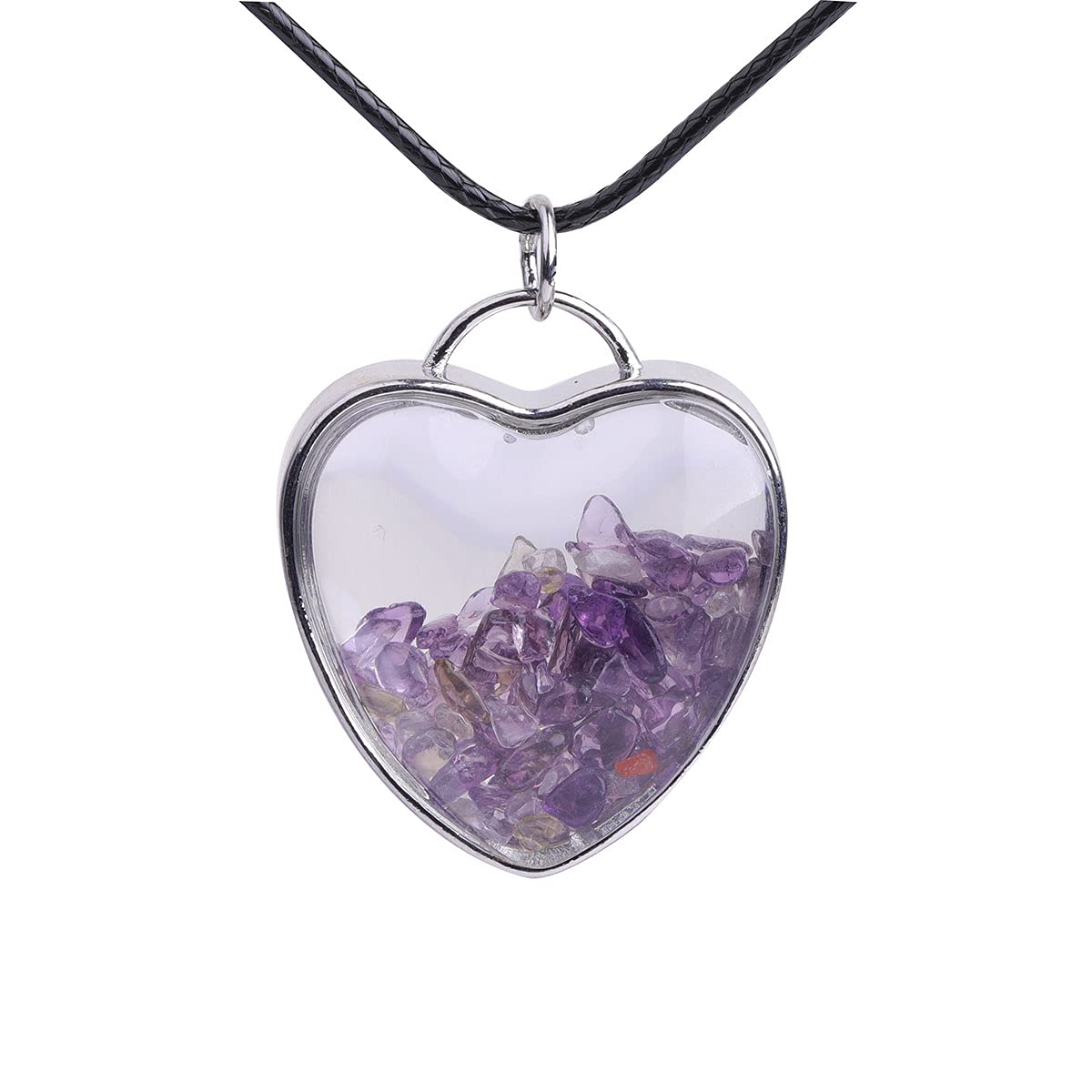 Gem-Inside 1 1/2" Chakras Stone Lovely Heart Locket Wishing Bottle Necklace Jewelry for Children Kids 16" Adjustable Leather Chain