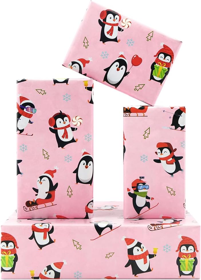 Christmas Wrapping Paper - Pink Penguin Gift Wrap, 4 Folded Sheets 50x70cm for New Year Xmas Winter Holiday