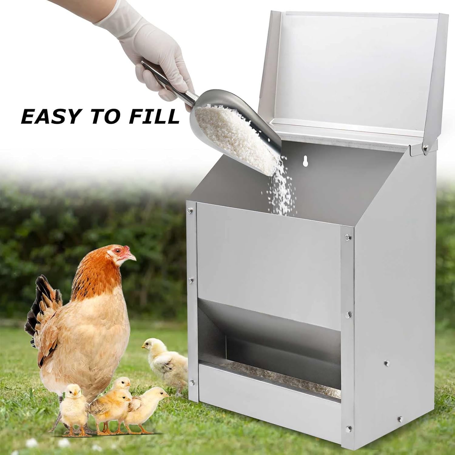 Stainless Steel Hanging Chicken Feeder with Lid No Waste Weatherproof Metal Automatic Poultry Feeder Wall Mount Outdoor Chicken Coop Food Dispenser Feeder for Chickens Ducks (25Lbs)