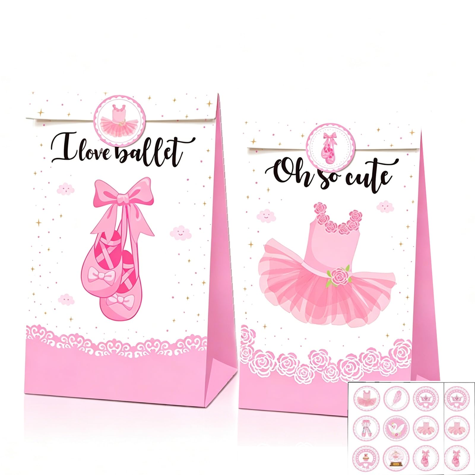 12Pcs Paper Party Bags for Kids Party, 22x12x8cm Pink Ballerina Small Gift Bag Candy Goodie Treat Bags with 18 Stickers for Girls Boys Birthday Pink Ballerina Theme Parties Bag favours Presents