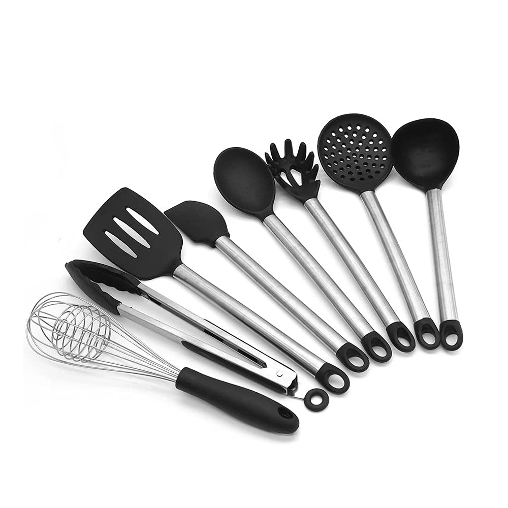 SKUZA Küchenutensilien-Set, Silikon-Küchenutensilien-Set Kochen Hitzebeständiges Antihaft-Silikon-Utensilien-Set mit Edelstahlgriff