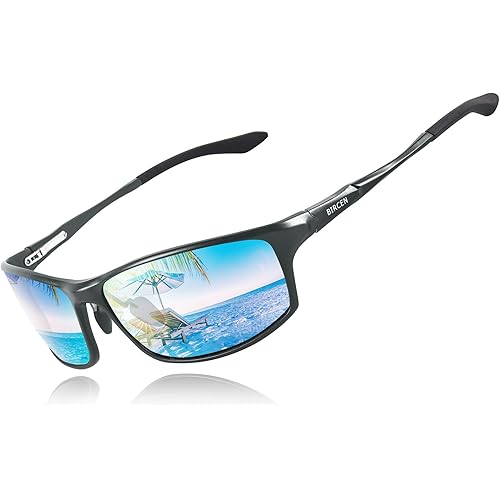 BIRCEN Polarized Mens Sunglasses: UV Protection Black Blue Shades for Men Sport Driving with Al-Mg Metal Frame