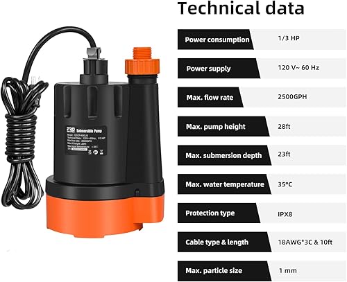 Miniatura 3 de Submersible Water Pump 13HP 2500GPH Utility Pump Portable Electric Clean Water Drainage Pump for Pool Draining Flooding Swimming Pool and Basement