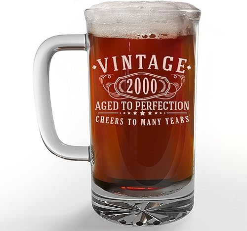 Spotted Dog Company Taza de cerveza de vidrio grabada vintage 2000 de 16 onzas  Envejecido a la perfección  Regalos de cumpleaños 23 para hombres