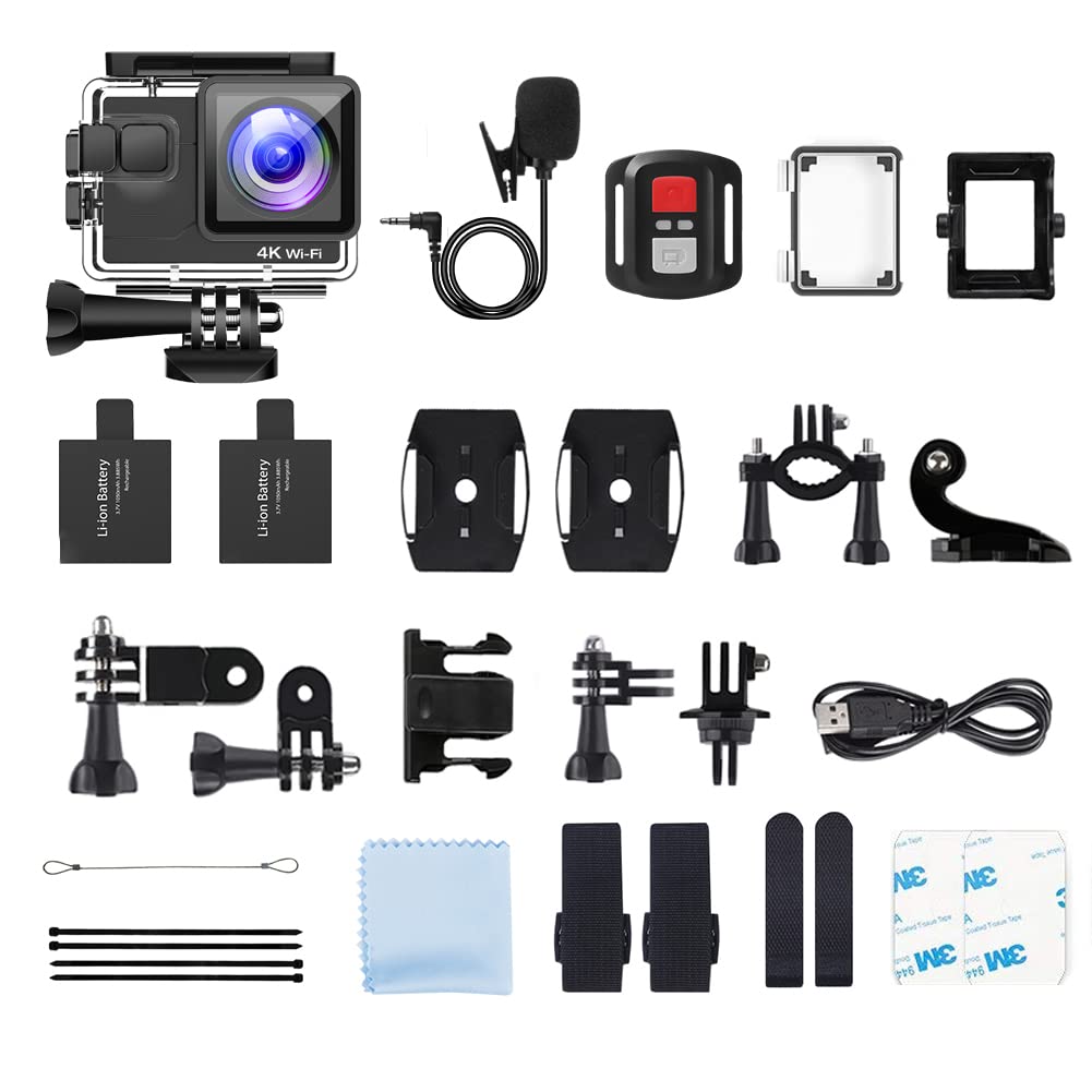 Action CAM AC700 4K 20MP WiFi Cámara subacuática Ultra HD Resistente al Agua 40M Cámara Deportiva 2.0 'LCD 170° Gran Angular 2.4G Mando a Distancia 2 baterías de 1050 mAh y Muchos Accesorios