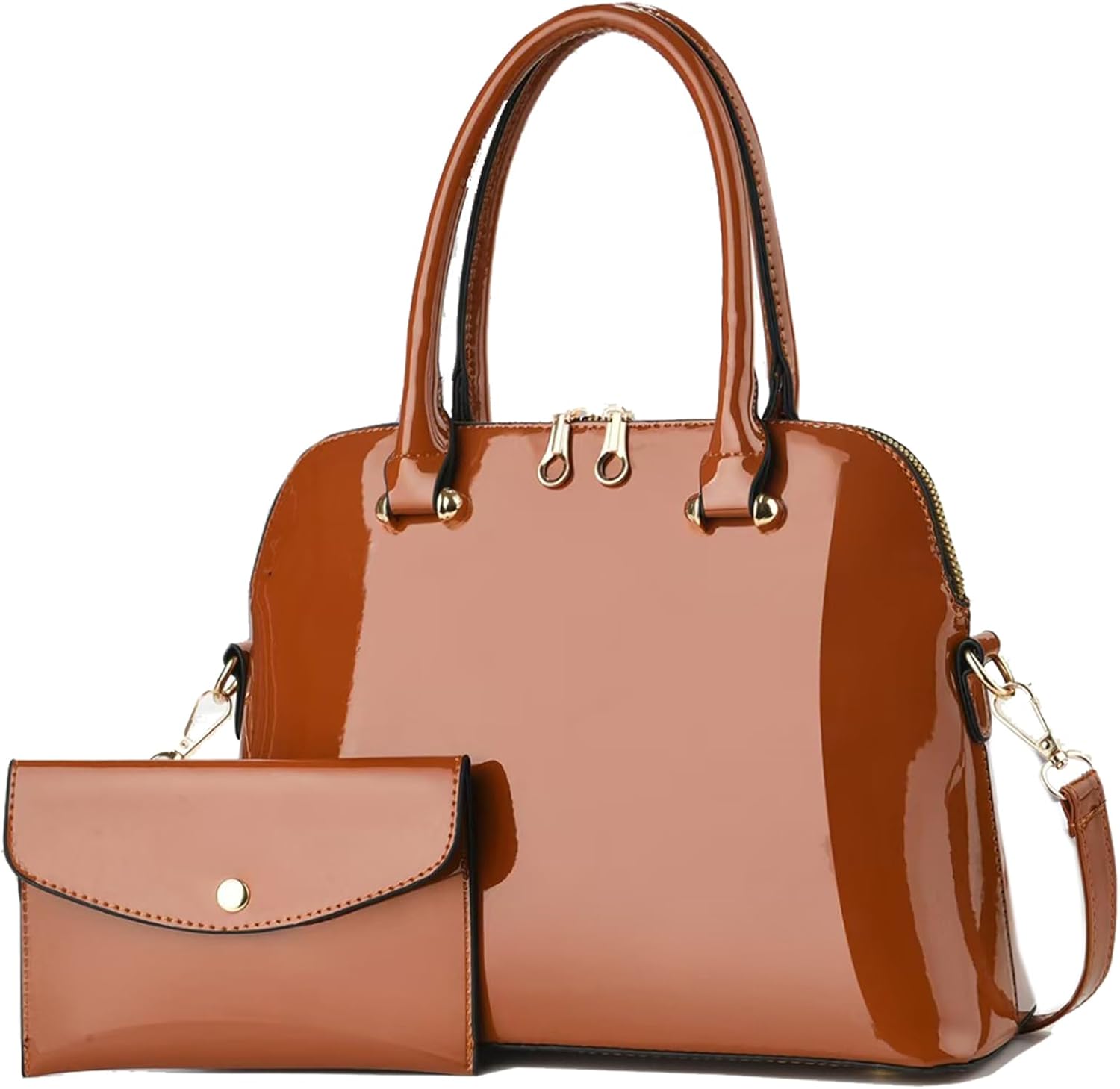 Patent Leather Handbags Shiny Shoulder Bag Elegant Top-handle Purse Come with MINI Clutch for Women