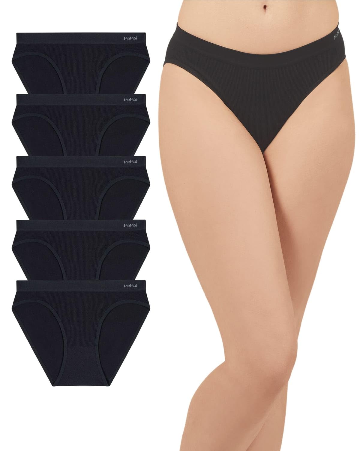 MeMoi Womens 5 Pair Pack Seamless Pin Rib Bikinis Black XL