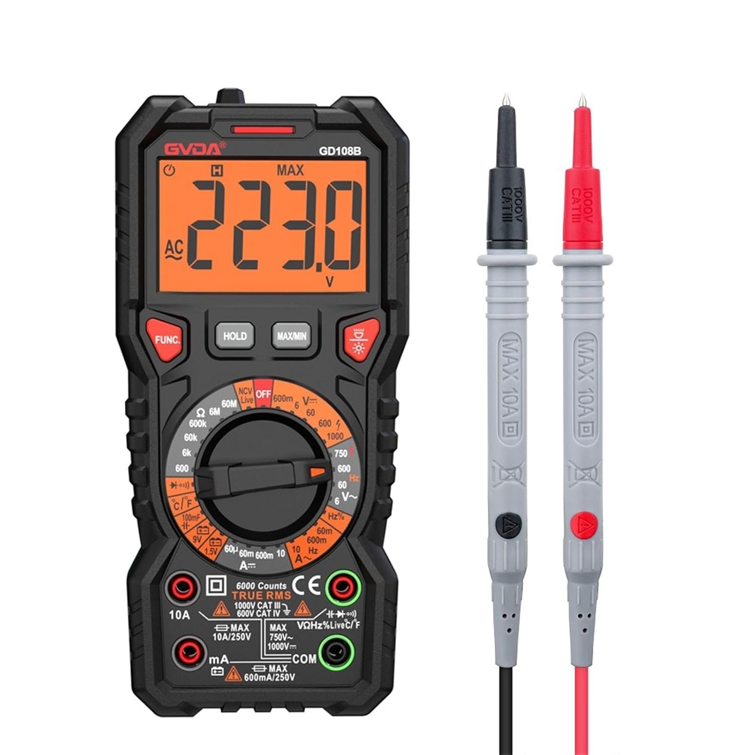 Digital Multimeter Ture RMS Auto Range 6000 Counts Multimetro 1000V 10A AC Ohm Hz NCV Live Voltage Temperature Meter(GD108A Auto Range)