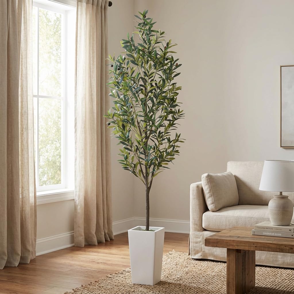 Aveyas 7ft Artificial Olive Tree for Home Decor, 7 Feet Large Faux Plant Fake Skinny Silk Trees with Pot for Indoor Outdoor House Living Room Office (7 ft Tall Including Raised Pot)