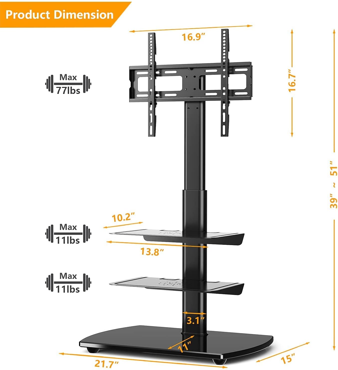 5Rcom Universal TV Floor Stand with 2 Media Shelves for 27 32 37 42 47 50 55 65 inch Flat or Curved Screens TVs Nice Tempered Glass Base with Swivel Mount for Bedroom and Office, TV Stand, Black