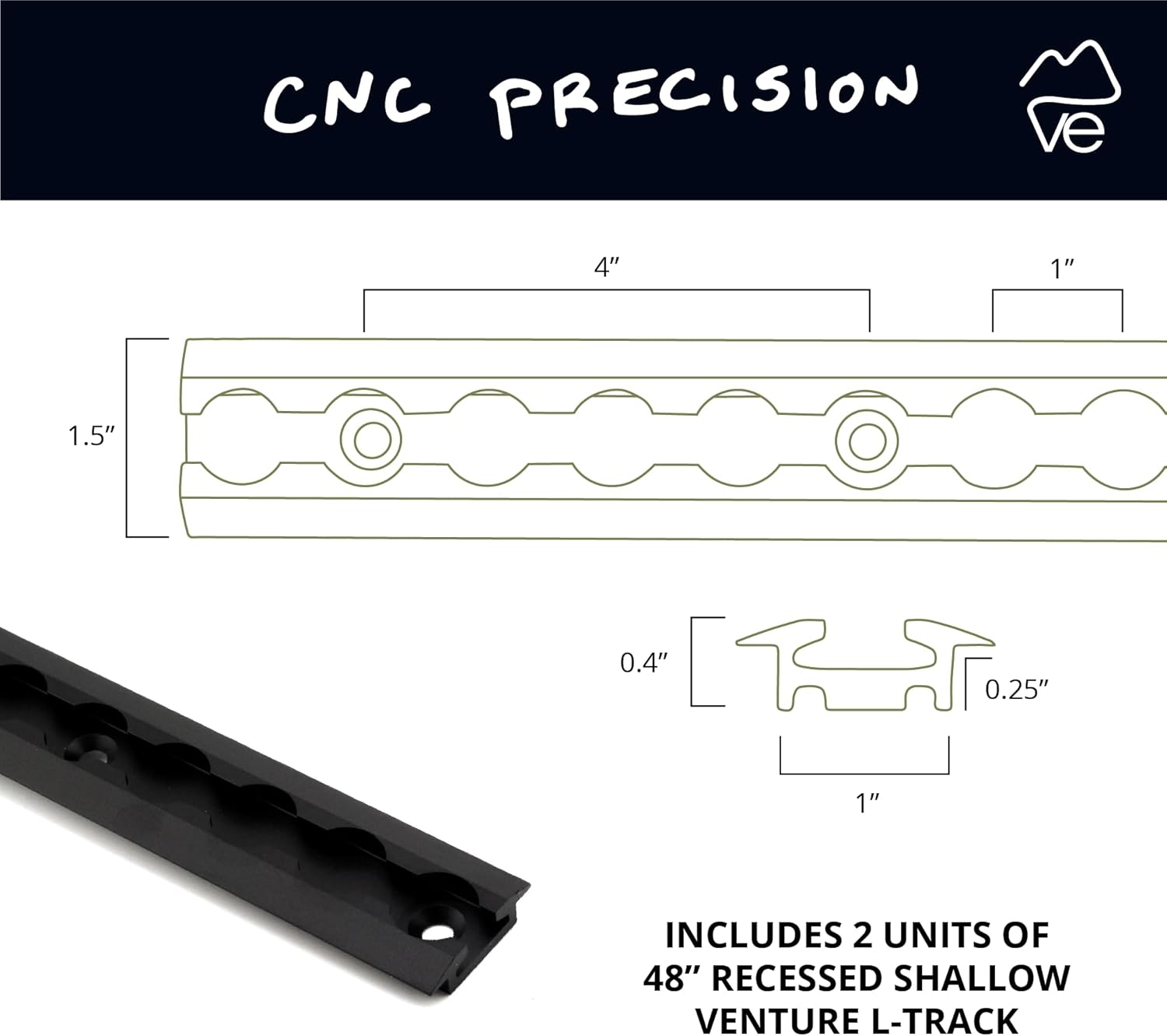VanEssential 48" Venture Track T-6 Aluminium L-Track Black Anodized (Recessed Shallow 1/4 inch) - 2 Pack