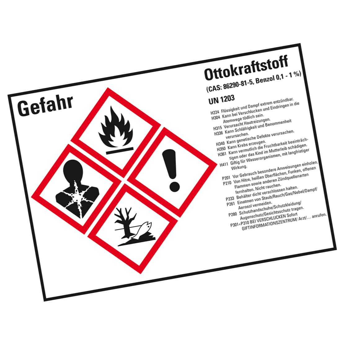 Aufkleber I Gefahrstoffetikett Ottokraftstoff UN 1203, GefStoffV/GHS/CLP, 105x74mm, 8 Stück