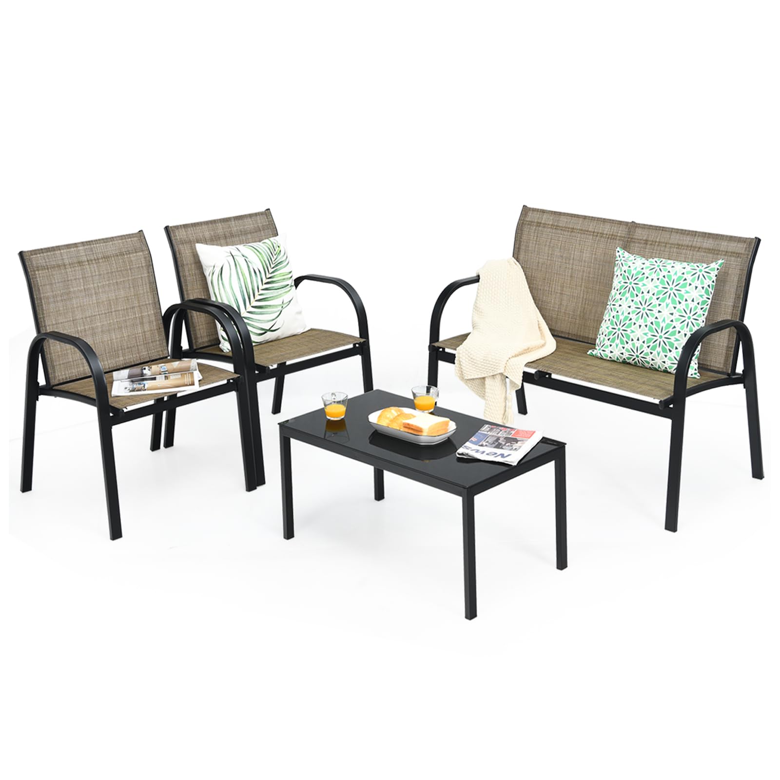 KOMFOTTEU Ensemble de Salon de Jardin 4 Pièces pour 4 Personnes, Mobilier d’Extérieur avec 2 Chaises, 1 Canapé et 1 Table Basse, Meubles de Terrasse pour Cour, Patio, Balcon (Marron)