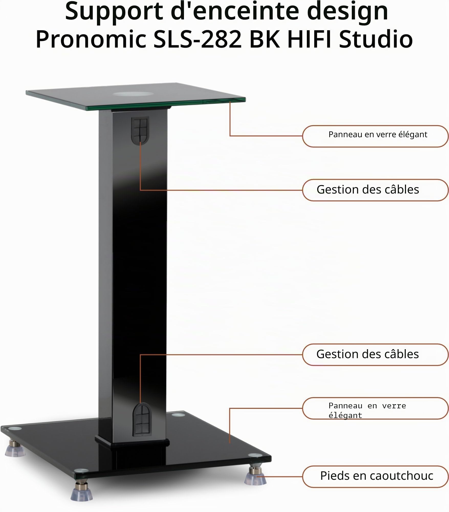 Pronomic SLS-282 BK Pieds d’Enceintes Paire, Plaques en Verre Noir