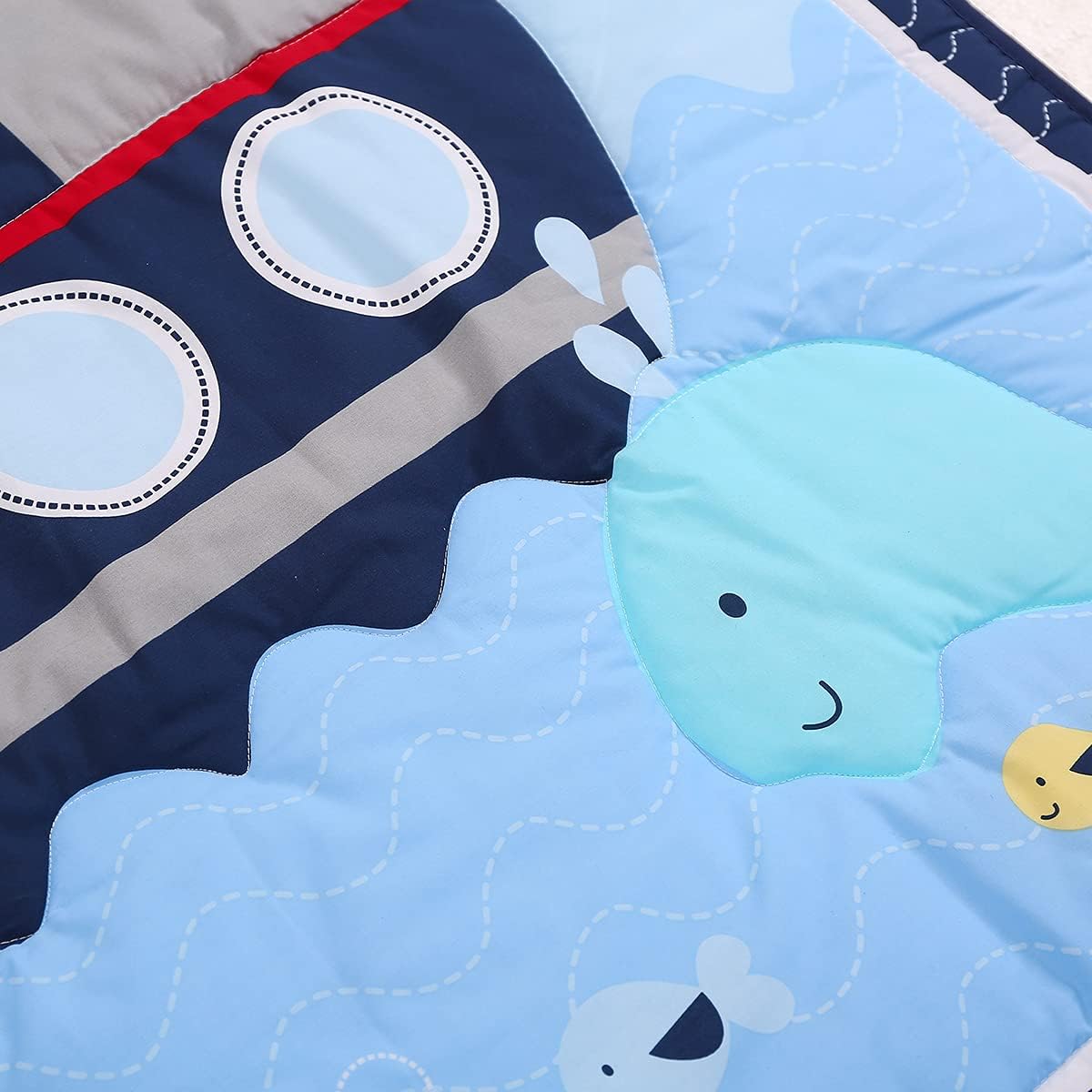 3 PCs Navy Blue Animal Themed Nursery Crib Bedding Set Elephant Lion Giraffe Monkey Noah's Ark Baby Boy Cot Bedding Set Quilt + Skirt + Fitted Sheet, 28 X 52